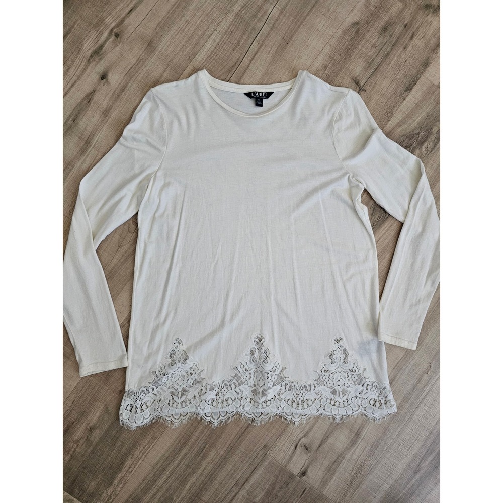 Lauren Ralph Lauren Cream Lace Hem Long Sleeve Top Lyocell Cotton Blend Medium